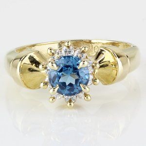 10K Yellow Gold Swiss Blue Topaz + Diamond Bridal Halo Engagement Ring
